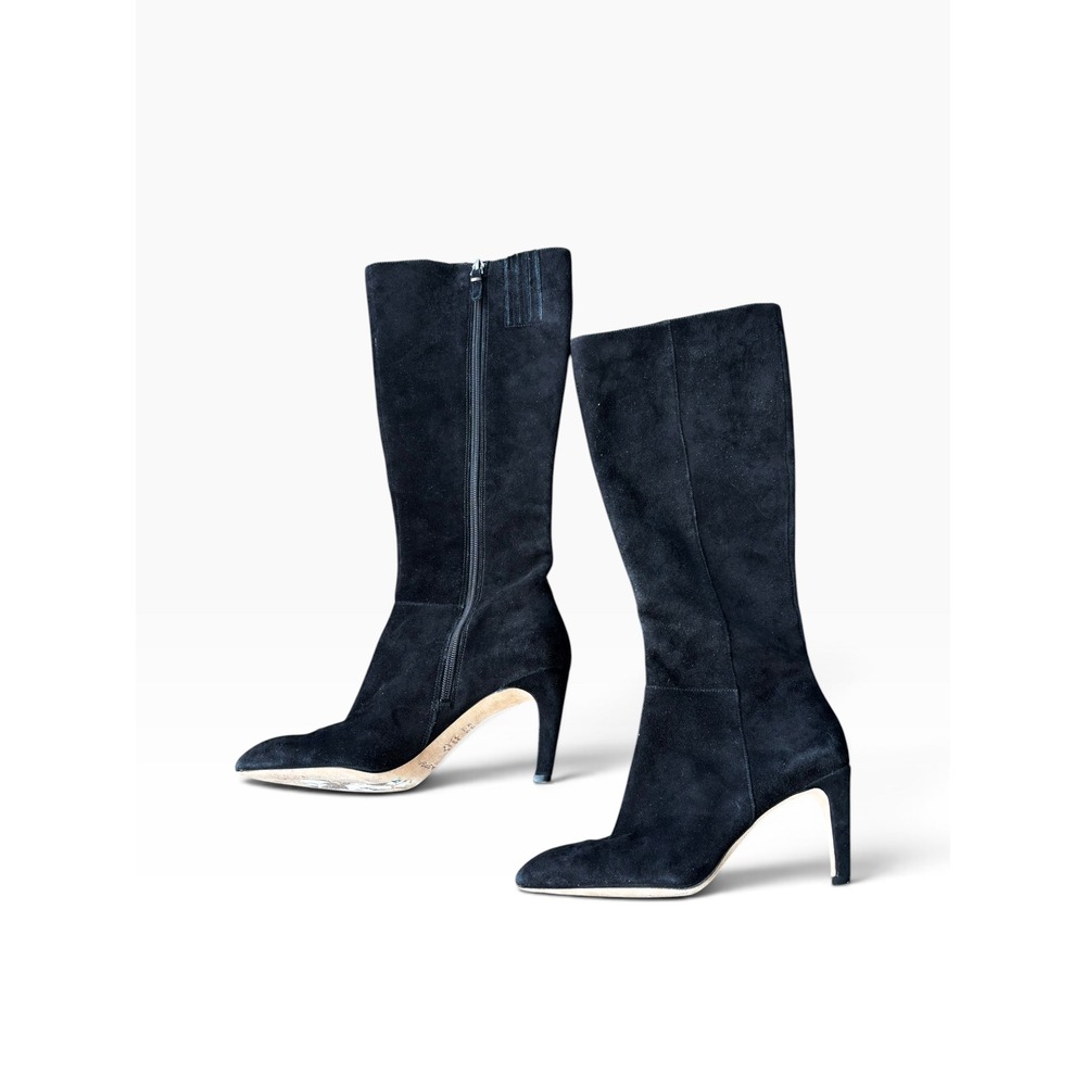Via Spiga Suede Tall Boots 7.5M Black Pointed Toe Stiletto Heel Zip Up